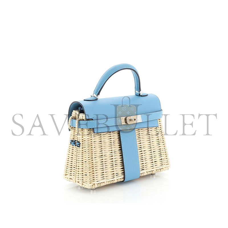 HERMÈS MASTER PICNIC MINI KELLY 20 HANDBAG BLEU DU NORD SWIFT AND WICKER WITH PALLADIUM HARDWARE (20*14*8cm)